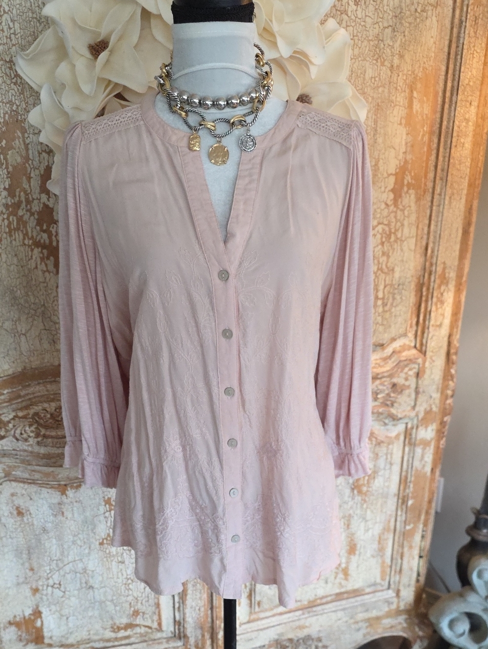 Democracy Blush Pink Button-Down Tunic with Crochet Detail